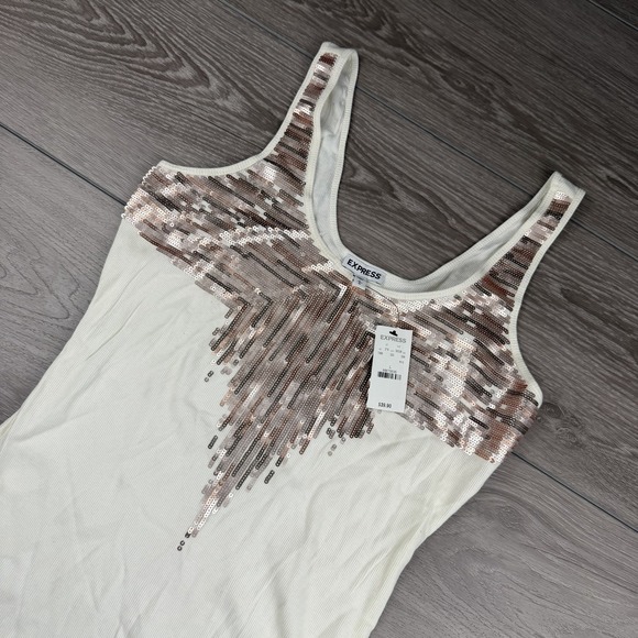 Express Tops - Express Women's Sleeveless Gold Sequin Design Tank Top White Large New